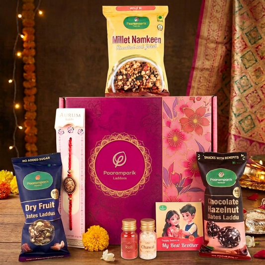 Rakhi Hamper for Brother 7 Items - Bhaiya Bhabhi Rakhi, Healthy Sweets & Gift