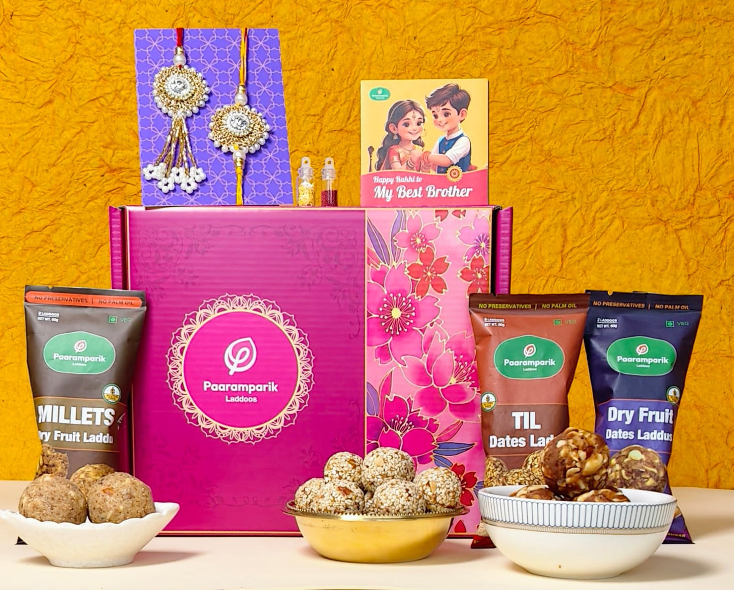 Rakhi Hamper for Brother 7 Items - Bhaiya Bhabhi Rakhi, Healthy Sweets & Gift
