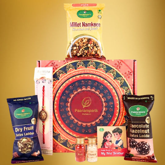 Rakhi Hamper for brother - 6 Items| Chocolate Laddu, Dry fruit laddu, Millets Roasted Namkeen, Rakhi, Fridge Magnet| No added sugar, no palm oil