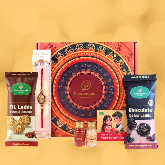 Pyaar ka Bandhan Rakhi Hamper for brother - 5 Items| Chocolate Laddu, Til Dates Laddu, Rakhi, Fridge Magnet| No added sugar, no palm oil