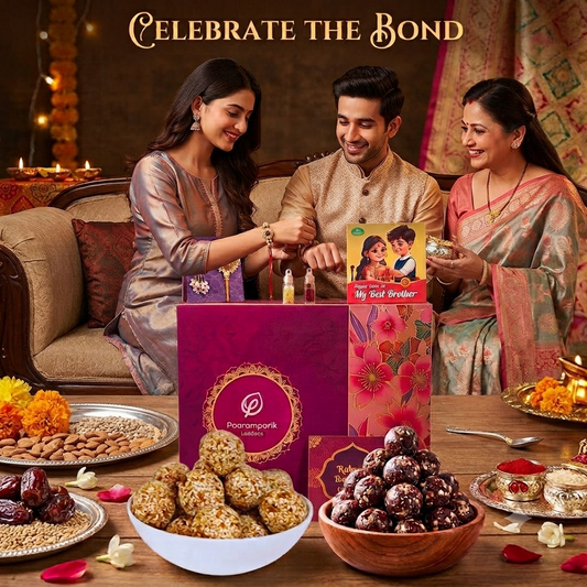 Rakhi Hamper for Brother 7 Items - Bhaiya Bhabhi Rakhi, Healthy Sweets & Gift