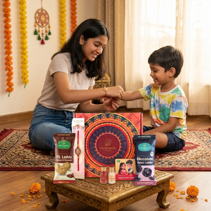 Pyaar ka Bandhan Rakhi Hamper for brother - 5 Items| Chocolate Laddu, Til Dates Laddu, Rakhi, Fridge Magnet| No added sugar, no palm oil