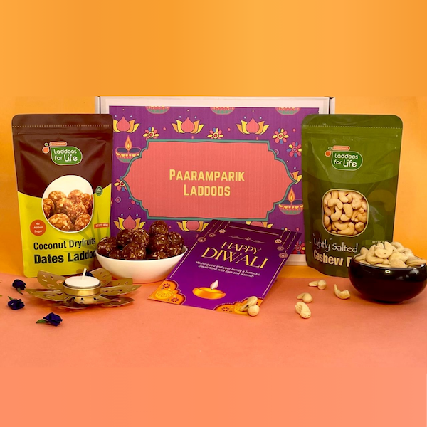 Dil Ki Diwali Gift Hamper 4-Item Combo with Dry Fruits Dates Laddoos & Roasted Cashew