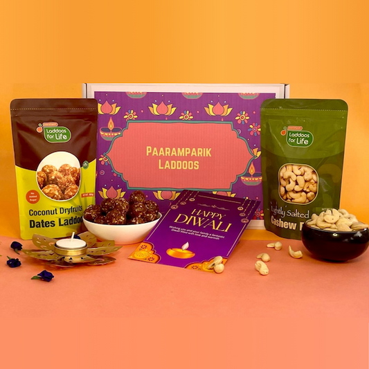 Dil Ki Diwali Gift Hamper 4-Item Combo with Dry Fruits Dates Laddoos & Roasted Cashew