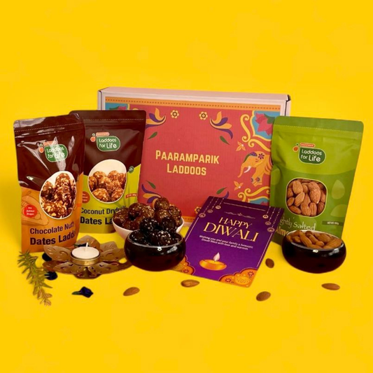 Soulful Diwali Gift Hamper 5-Item Combo with Dry Fruits Dates Laddoos & Roasted Almond