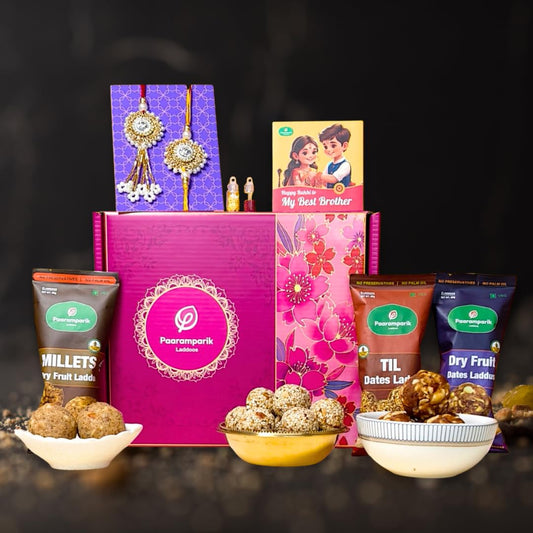 Rakhi Hamper for Brother 7 Items - Bhaiya Bhabhi Rakhi, Healthy Sweets & Gift