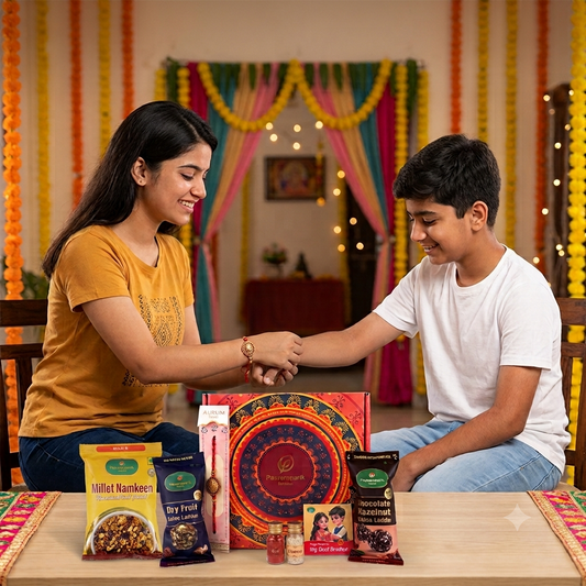 Rakhi Hamper for brother - 6 Items| Chocolate Laddu, Dry fruit laddu, Millets Roasted Namkeen, Rakhi, Fridge Magnet| No added sugar, no palm oil