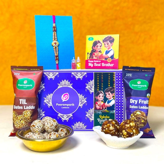 Rakhi Gift Hamper for Brother 5 Items - 2 Dry Fruit Laddus, Rakhi, Roli & Gift