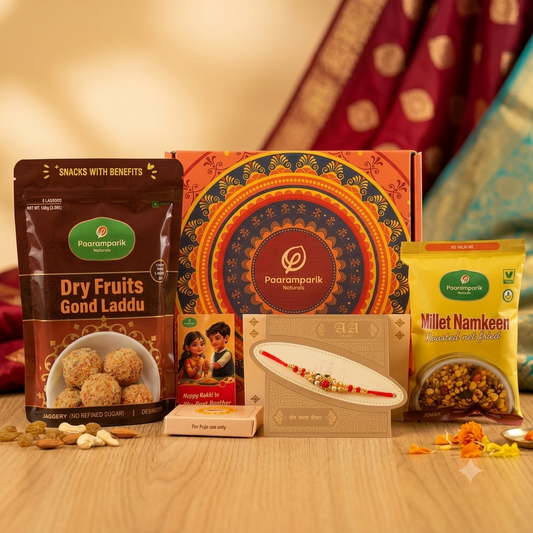 Rakhi Gift Hamper for Brother 5 Items - 2 Dry Fruit Laddus, Rakhi, Roli & Gift