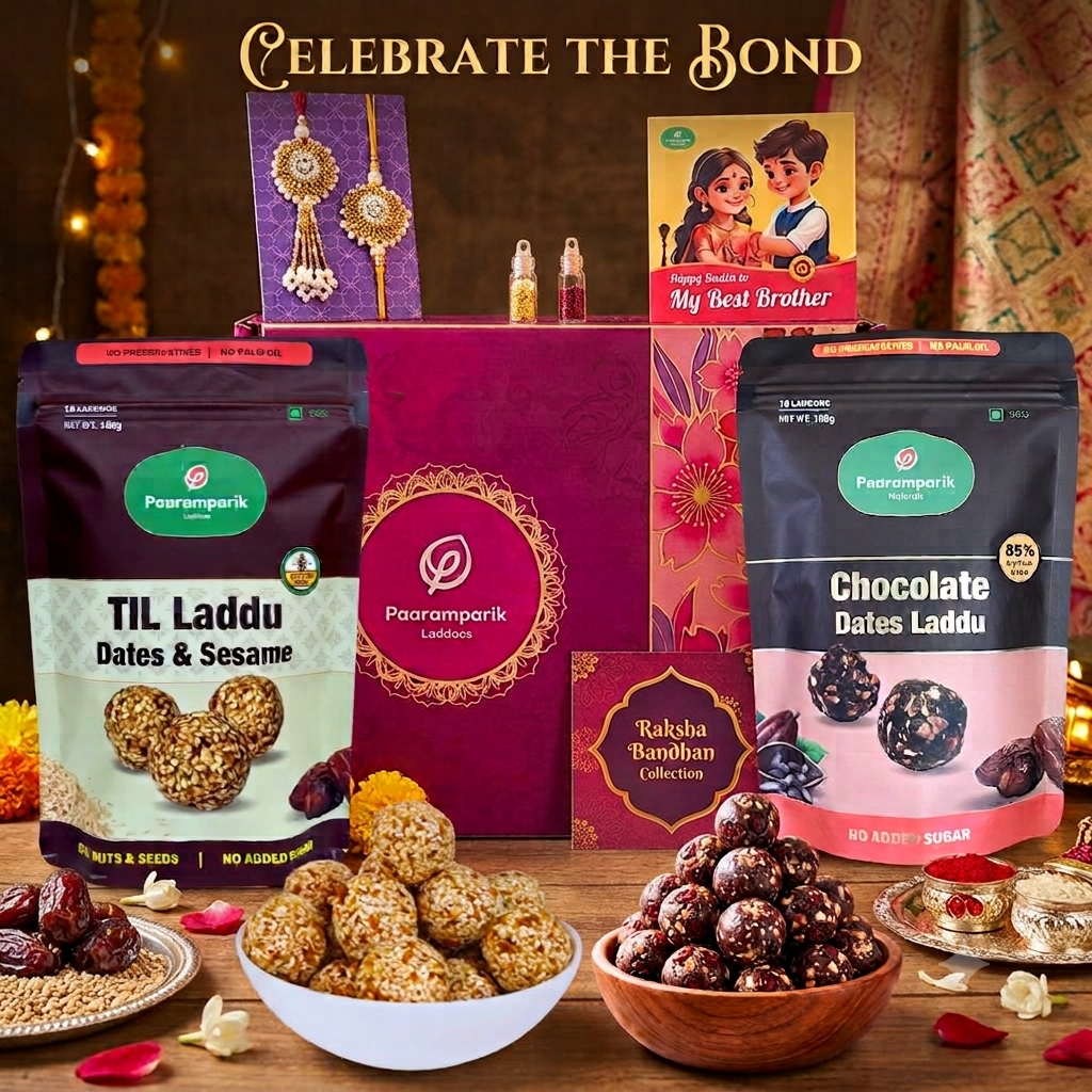 Rakhi Hamper for Brother 7 Items - Bhaiya Bhabhi Rakhi, Healthy Sweets & Gift